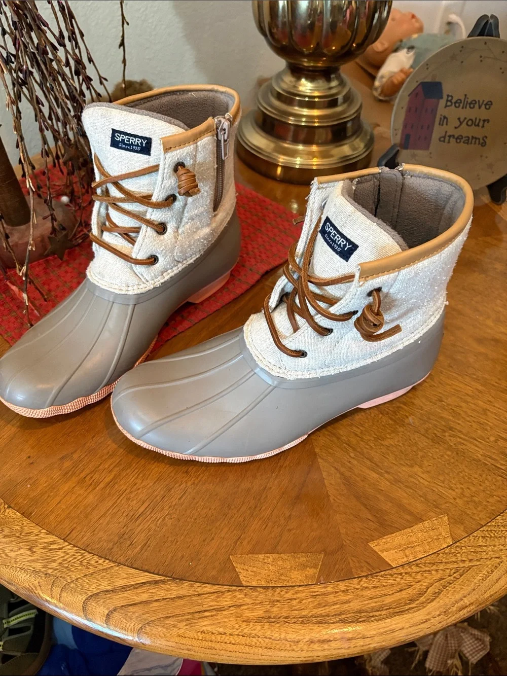 Sperry  Gray Duck Boots with Cream Textile Upper
